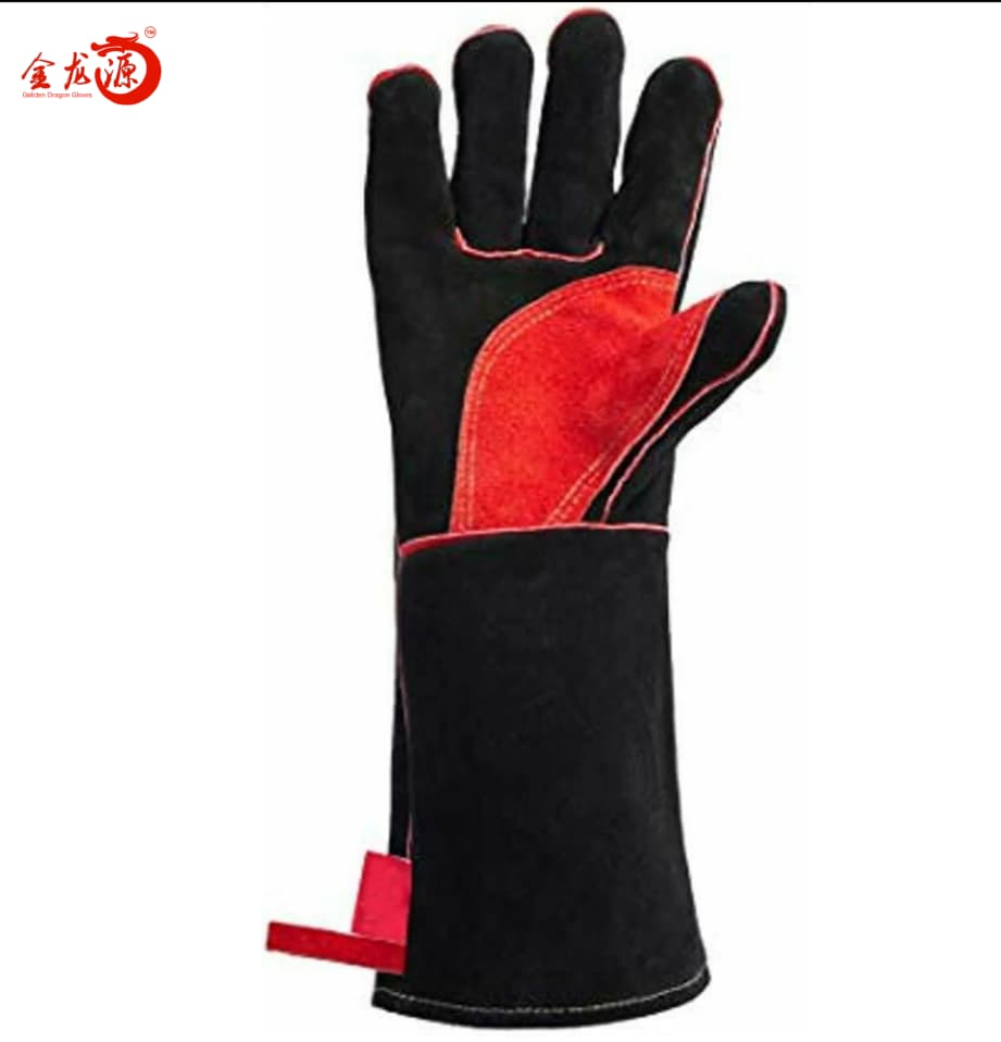 Black And Red Cow Leather Anti-scald Safety Gloves 