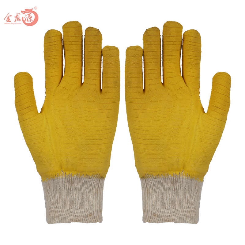 White Cotton Yellow Latex Crinkled Working Gloves with Knitted Wrist