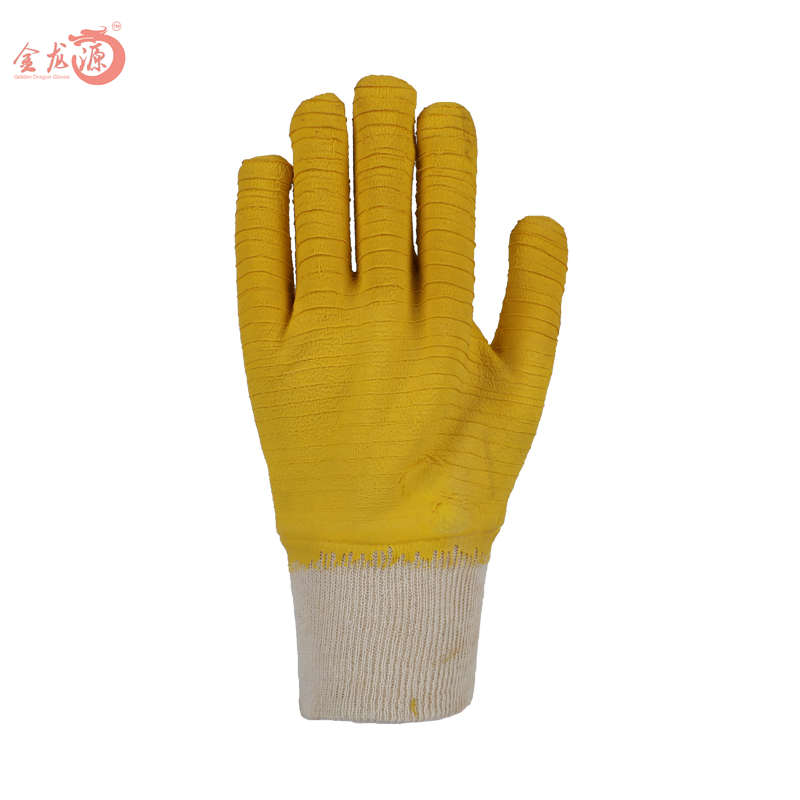 White Cotton Yellow Latex Crinkled Working Gloves with Knitted Wrist