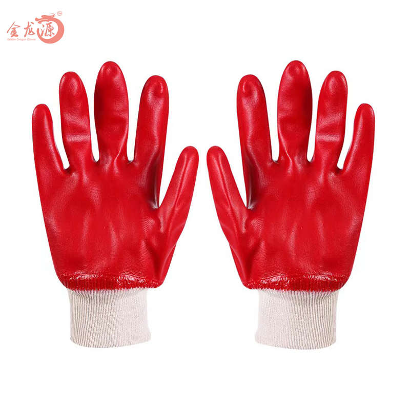 Anti Chemical Oil Knitted Wrist Red PVC Full Coated Hand Gloves