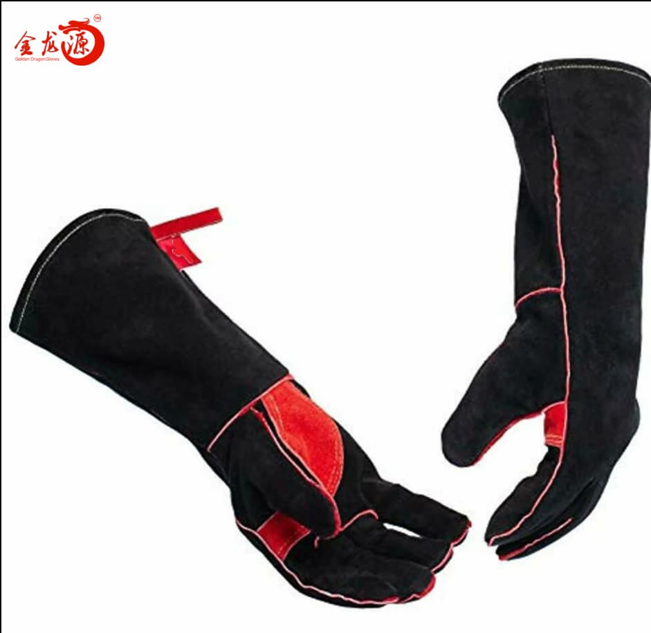 Black And Red Cow Leather Anti-scald Safety Gloves 