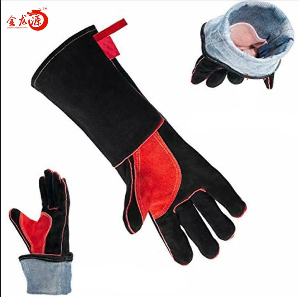 Black And Red Cow Leather Anti-scald Safety Gloves 