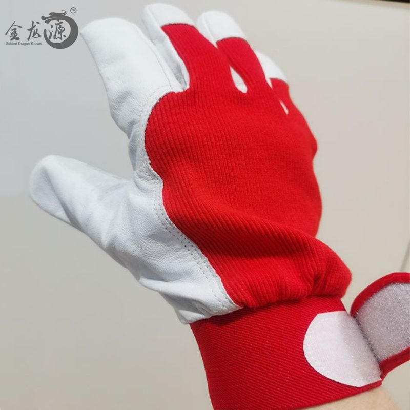 Pig Grain Leather Red Cotton Fabric Full Palm Leather Working Gloves