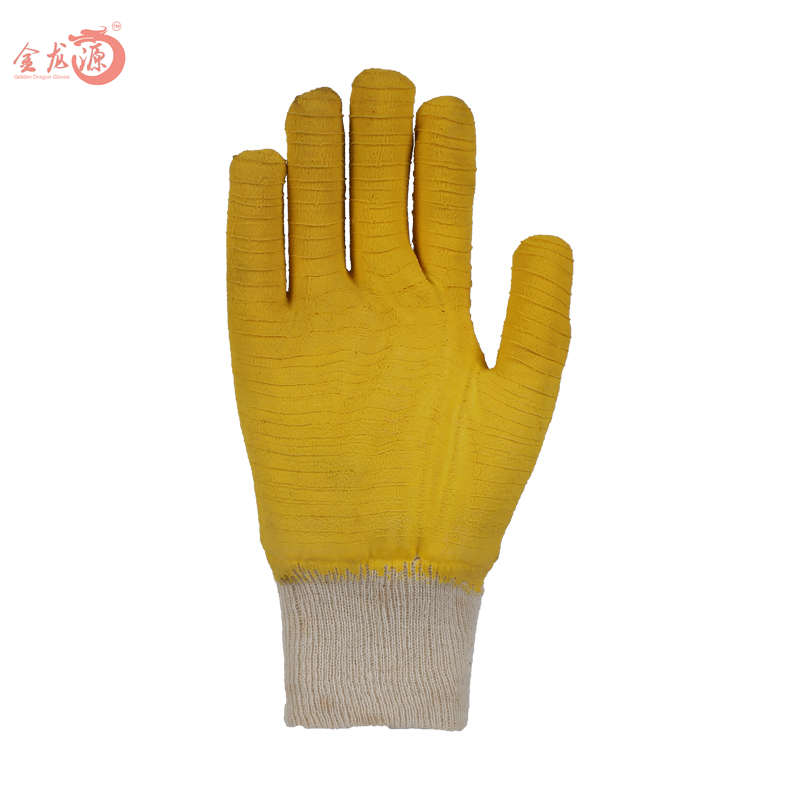 White Cotton Yellow Latex Crinkled Working Gloves with Knitted Wrist