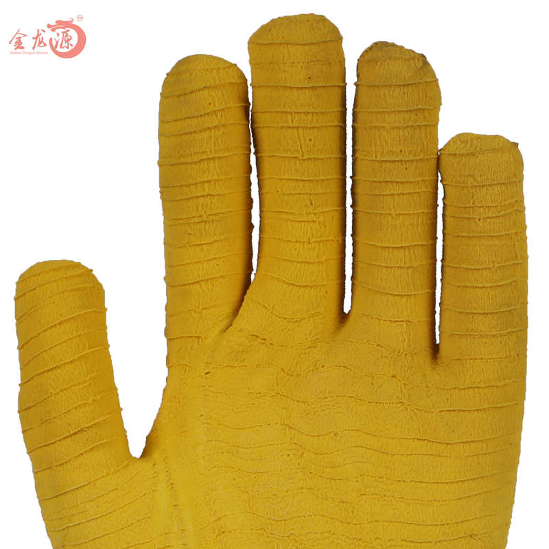 White Cotton Yellow Latex Crinkled Working Gloves with Knitted Wrist