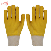 White Cotton Yellow Latex Crinkled Working Gloves with Knitted Wrist