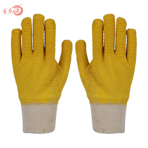 White Cotton Yellow Latex Crinkled Working Gloves with Knitted Wrist