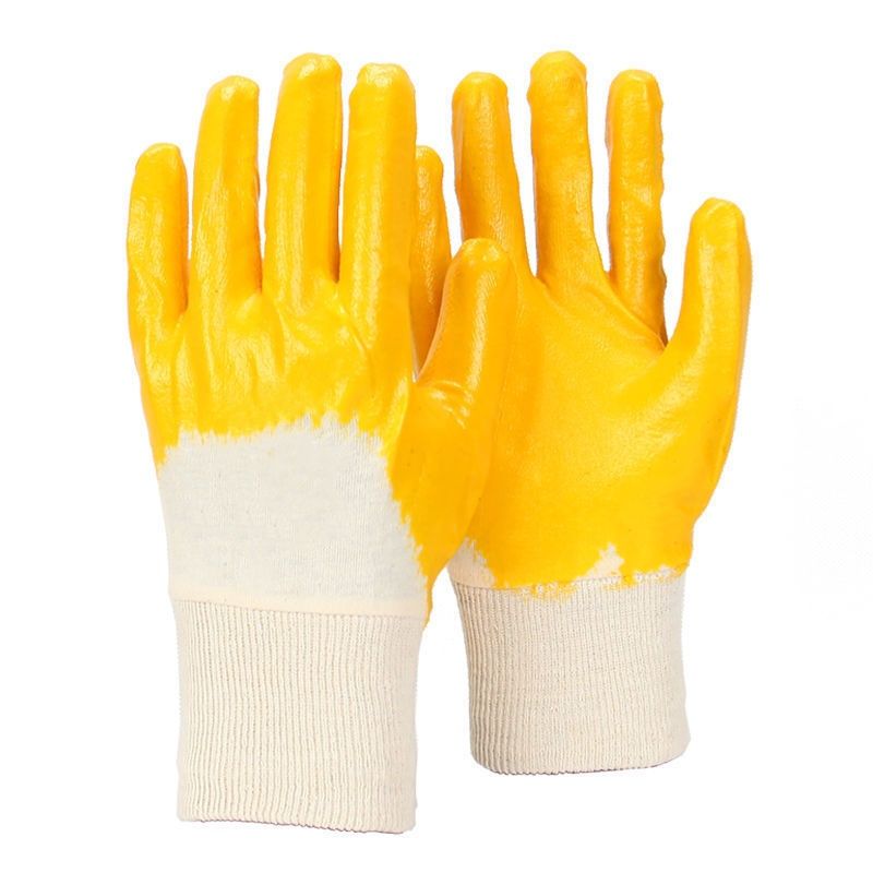 Anti Oil Anti Chemical Cotton Interlock 3/4 Yellow Nitrile Safety Gloves