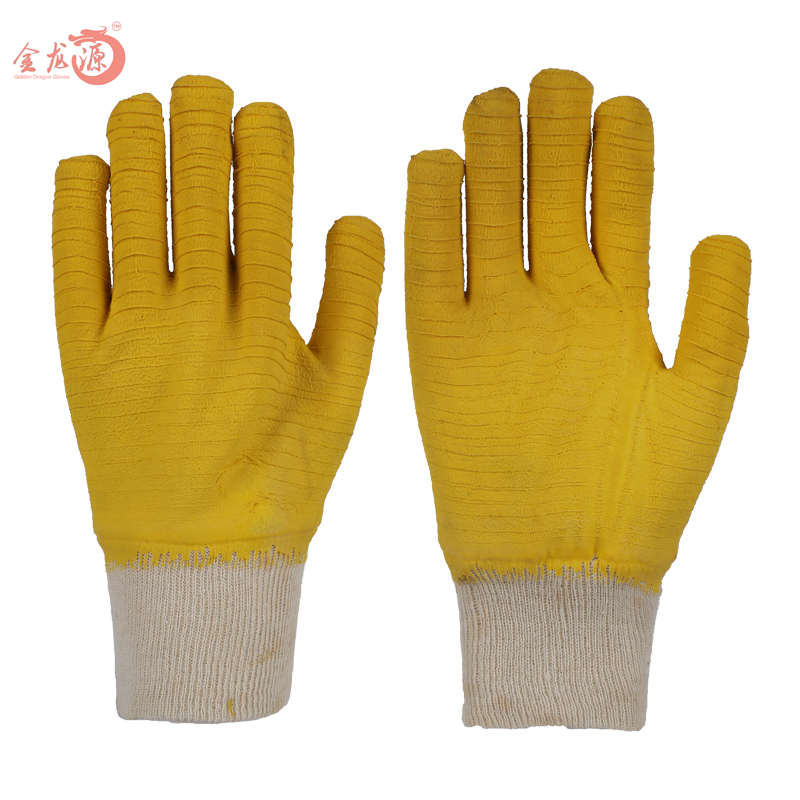 White Cotton Yellow Latex Crinkled Working Gloves with Knitted Wrist