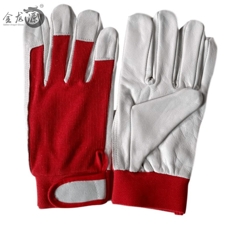 Pig Grain Leather Red Cotton Fabric Full Palm Leather Working Gloves